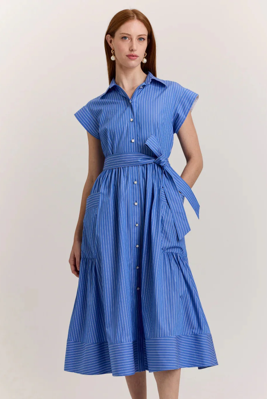 Person wearing a blue pinstriped shirt dress with cap sleeves, front buttons, and a tie waist, standing against a plain background.