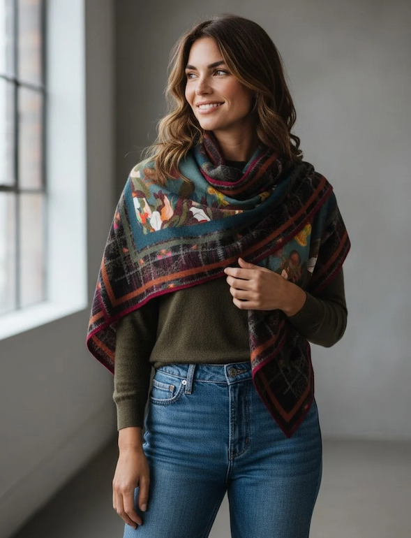 Woman wearing a colorful patterned wrap over an olive sweater with blue jeans. Fearrington Village.