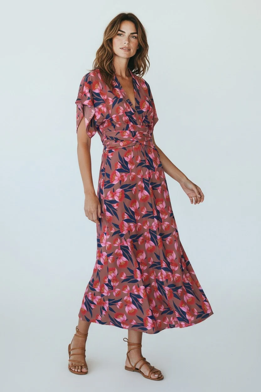 A model stands against a neutral backdrop wearing a flowing, mid-length wrap dress in a soft brown tone with pink and red floral patterns, styled with strappy sandals.
