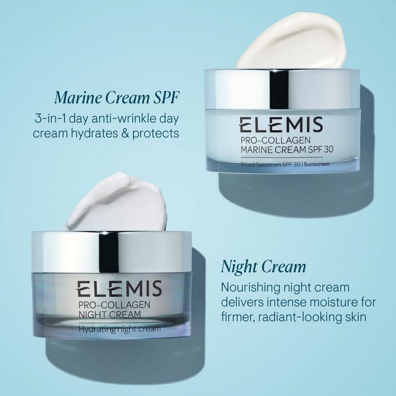 Two Elemis skincare jars displayed against a light blue background: Pro-Collagen Marine Cream SPF 30 labeled as a 3-in-1 hydrating day cream with sun protection, and Pro-Collagen Night Cream described as a nourishing moisturizer for firmer, radiant-looking skin.