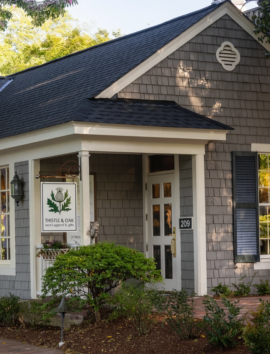 A storefront with a sign for "Thistle & Oak" and house number 209.