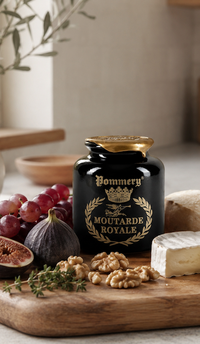 Pommery Royale mustard on a cheese board with brie, figs, grapes, walnuts, and fresh herbs in a bright Scandinavian kitchen, Fearrington Village.