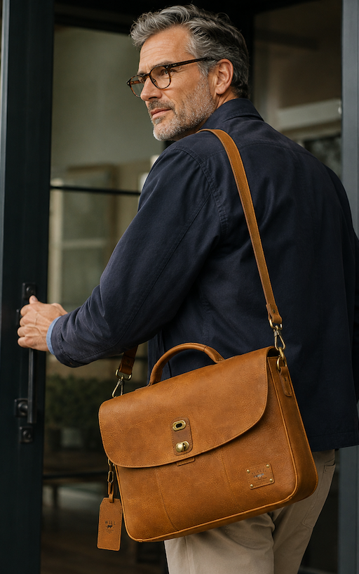 Stylish man carrying a tan leather messenger bag as he opens a door. Fearrington Village.