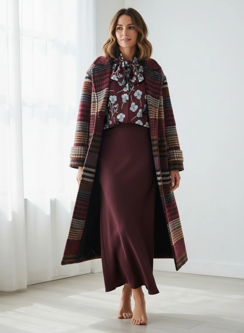 Woman wearing a burgundy floral tie-neck blouse, satin midi skirt, and long striped coat. Fearrington Village.