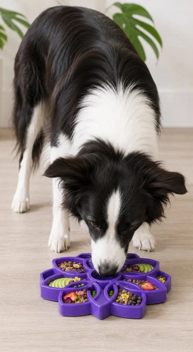 Border collie using a purple flower-shaped slow feeder bowl, Fearrington Village.
