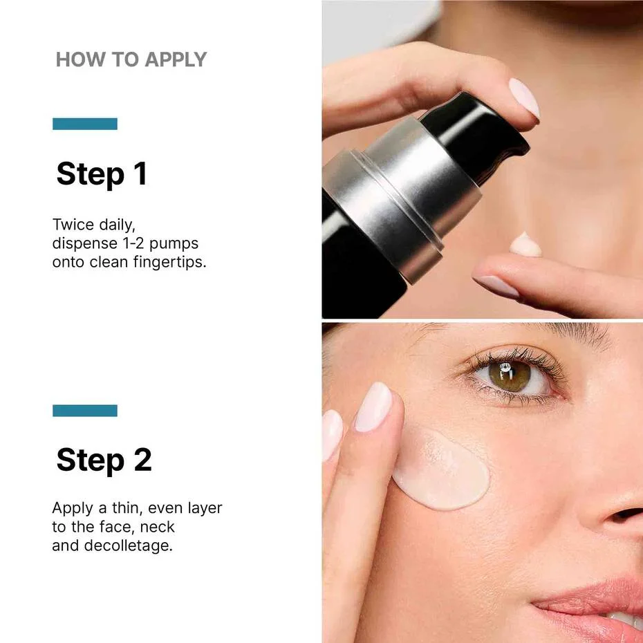 Skincare application guide showing Step 1 dispensing a small amount of cream from a pump onto fingertips, and Step 2 applying a thin, even layer to the face, neck, and décolletage, with close-up images of the product and application on skin.