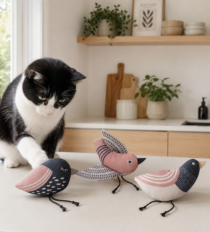 Black-and-white tuxedo cat reaching a paw toward three colorful bird-shaped cat toys on a light kitchen countertop. The whimsical fabric toys feature pink, navy, and cream patterns with dangling cord legs. In the background, a bright Scandinavian-style kitchen includes natural wood shelving, potted plants, cutting boards, and soft natural light, creating a warm and inviting setting.