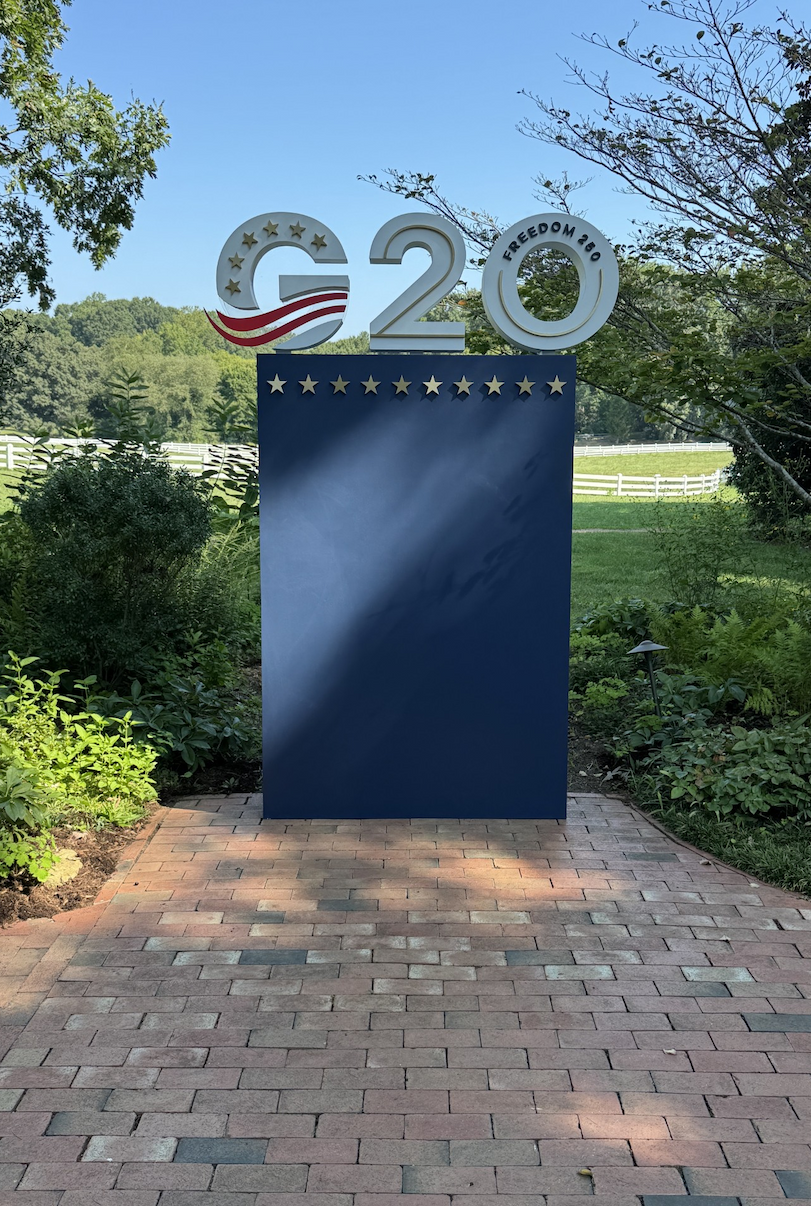 G20 display set against the gardens and rolling pasture at Fearrington Village.