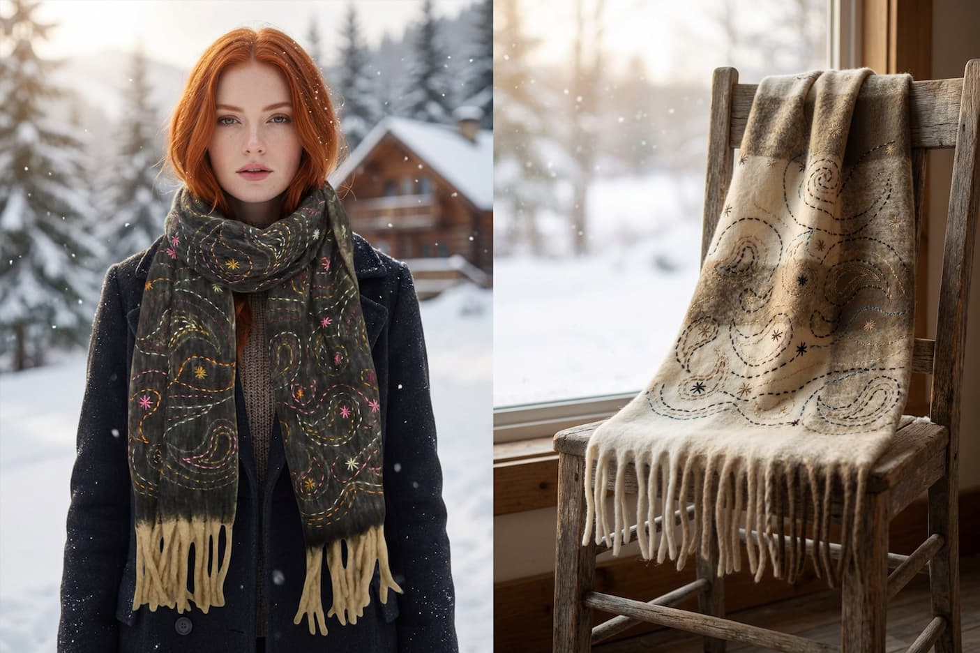 Embroidered paisley scarves in charcoal and cream, shown styled for winter and draped over a rustic chair. Fearrington Village.