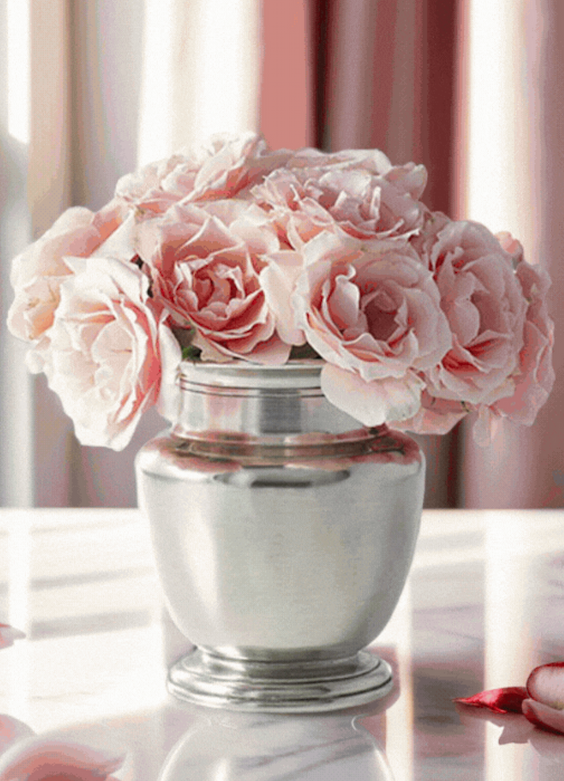 A polished pewter vase holds a lush arrangement of soft blush pink roses, set on a reflective surface with scattered petals, illuminated by gentle light through sheer curtains in the background.