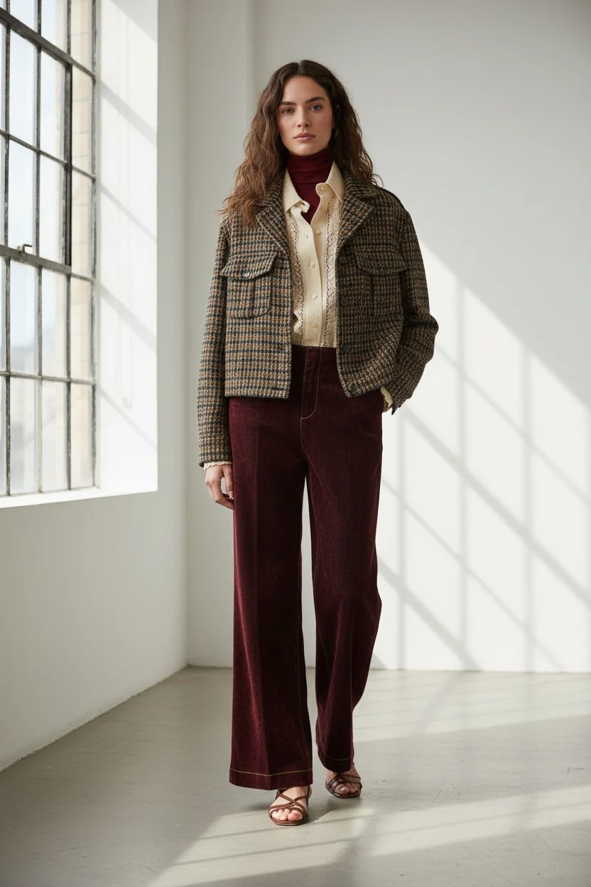 Woman wearing a cropped plaid jacket over layered cream and burgundy tops with burgundy wide-leg trousers. Fearrington Village.