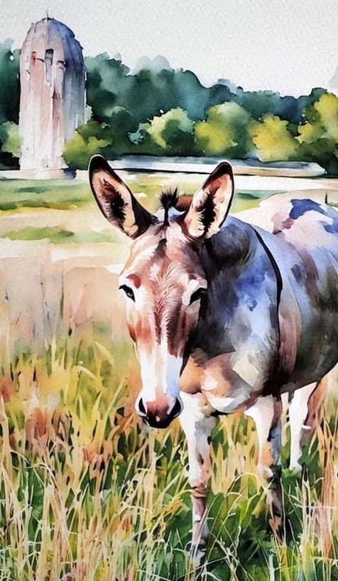 Watercolor illustration of a donkey standing in tall grass, with a rustic silo and tree-lined landscape in the background.