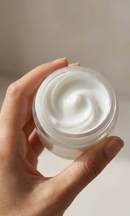 Open jar of rich white body cream held in one hand, highlighting its smooth, whipped texture. Available at The Spa at Fearrington Village.