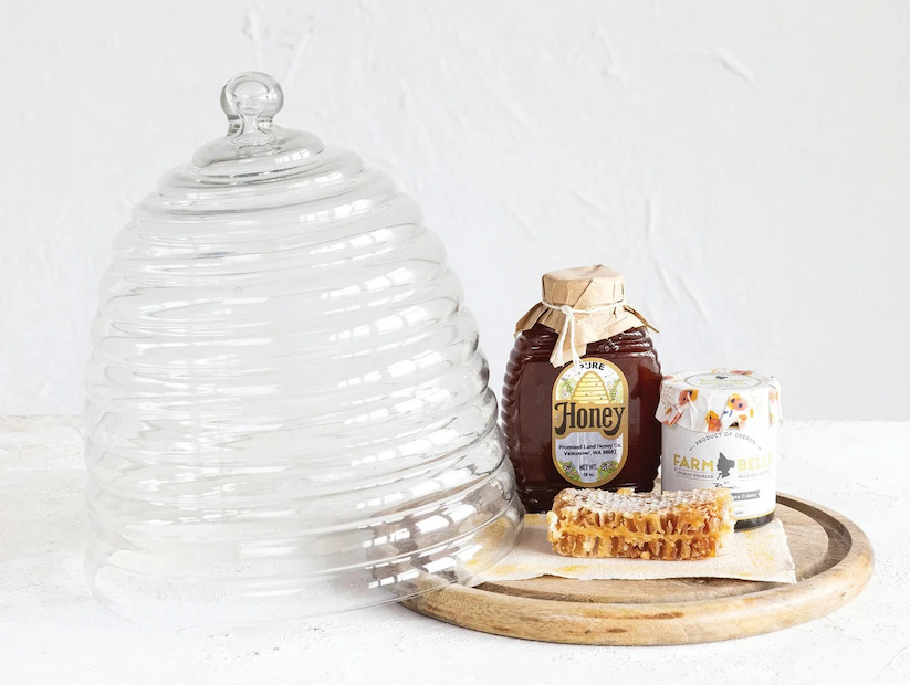 Glass beehive cloche with honey and honeycomb display, Fearrington Village.