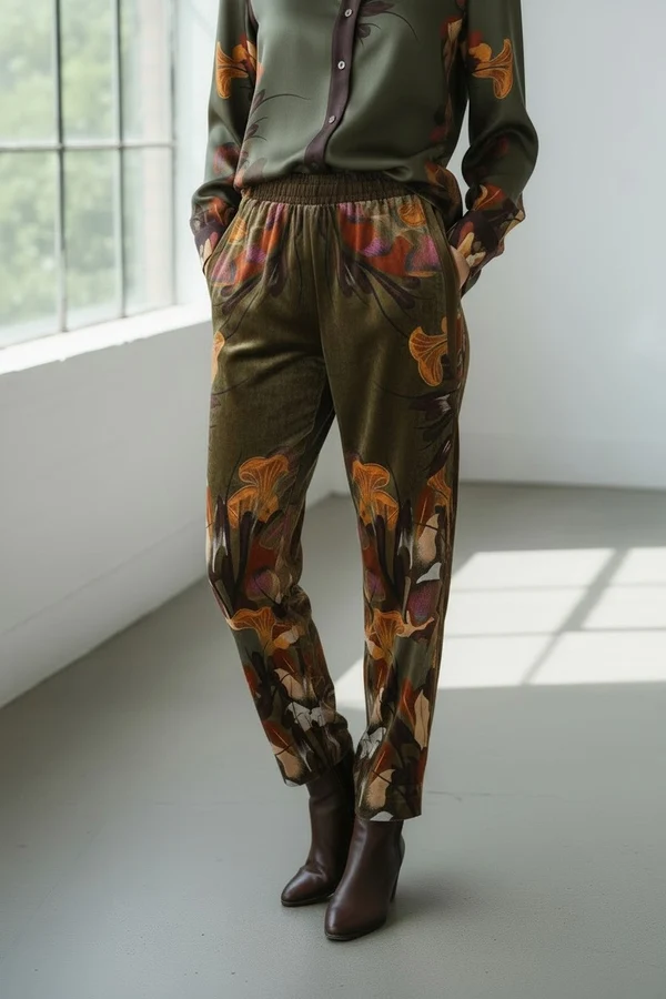 Woman wearing olive green floral pants with a coordinating blouse and brown ankle boots. Fearrington Village.
