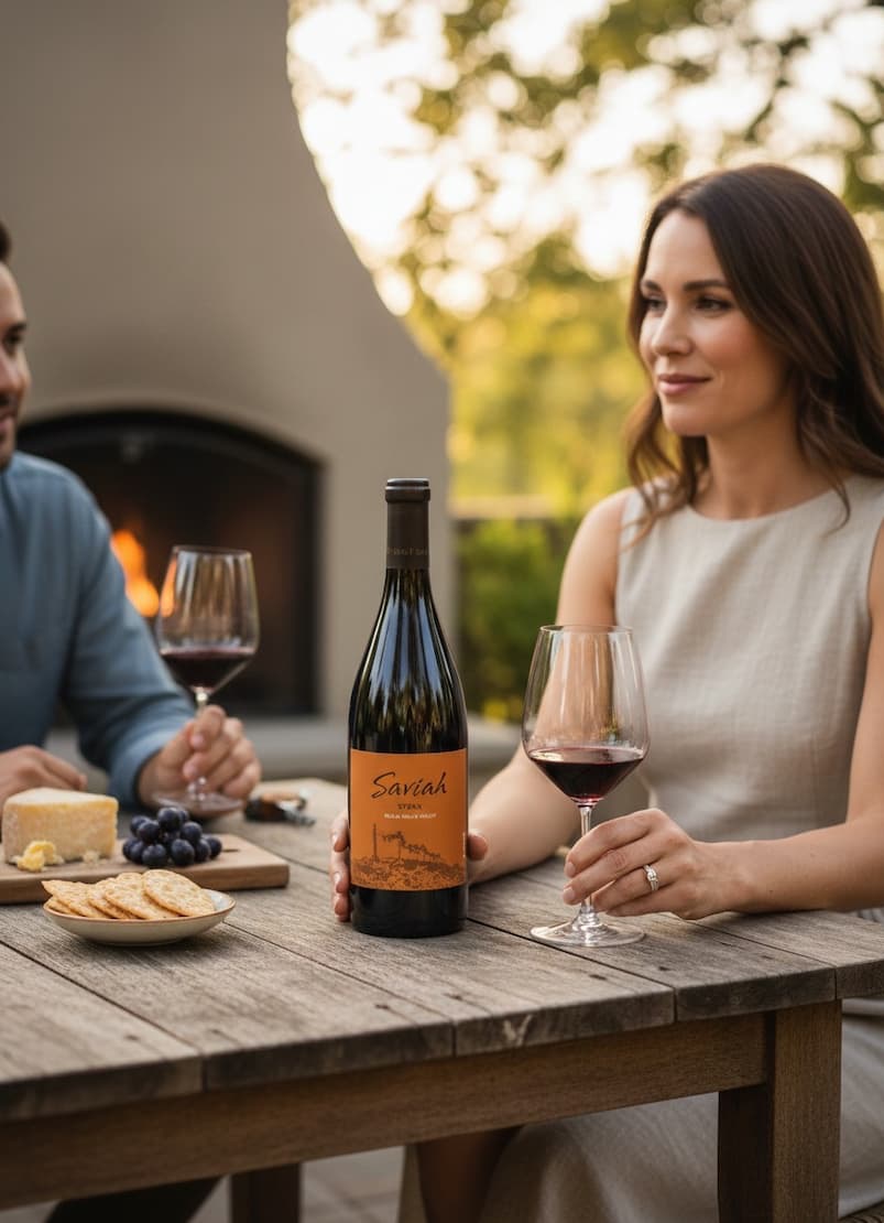 Couple seated outdoors at a wooden table, enjoying red wine beside a fireplace, with a bottle, cheese, crackers, and grapes arranged between them.