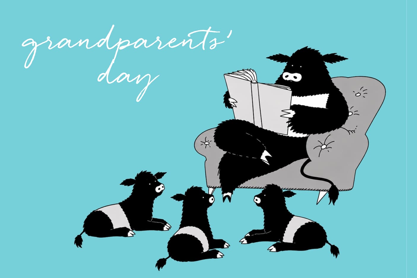 Illustration of a Belted Galloway grandparent reading to three calves gathered around an armchair for Grandparents Day. Fearrington Village.
