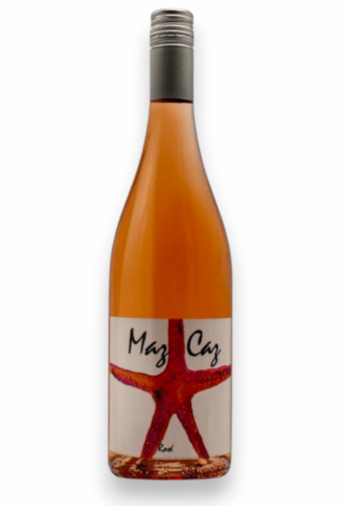 Bottle of Maz Caz rosé wine featuring a red starfish on the label. Fearrington Village.
