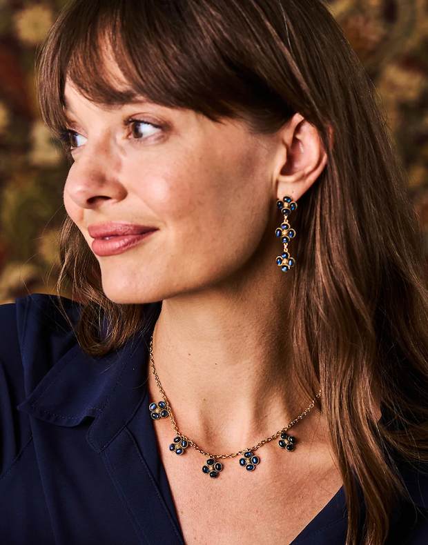 Close-up of a woman wearing blue gemstone drop earrings and a matching necklace, shown in profile with a softly blurred background.