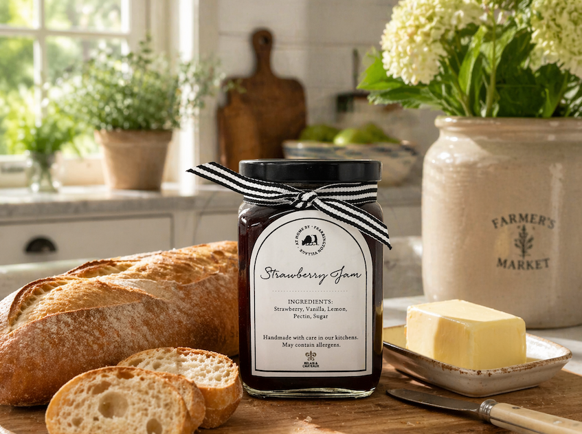 Jar of strawberry jam with a black-and-white ribbon sits on a wooden board in a sunlit farmhouse kitchen, surrounded by sliced baguette and a slab of butter, with flowers and kitchen items in the background.