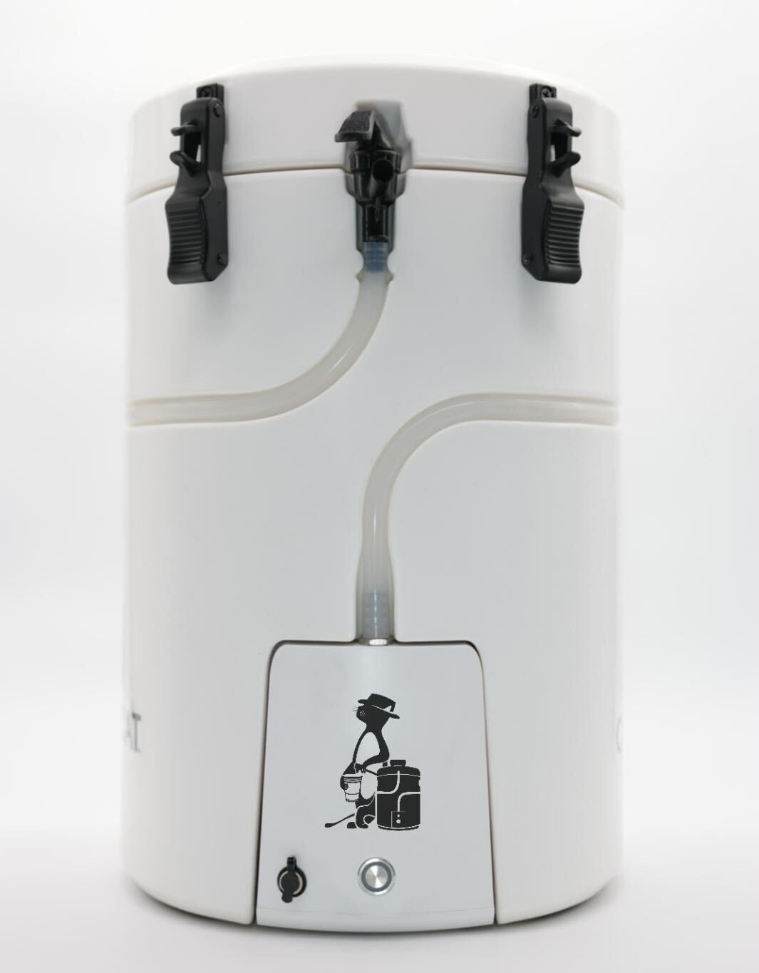 White portable beverage cooler with a front spigot, side latches, and visible internal tubing, branded with a small cat logo on the base.