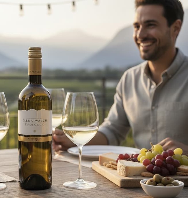 Outdoor table setting at sunset with a bottle of white wine (Pinot Grigio), two filled wine glasses, and a wooden board of cheese, grapes, crackers, and olives. A smiling man sits in the softly blurred background with mountains and string lights behind him
