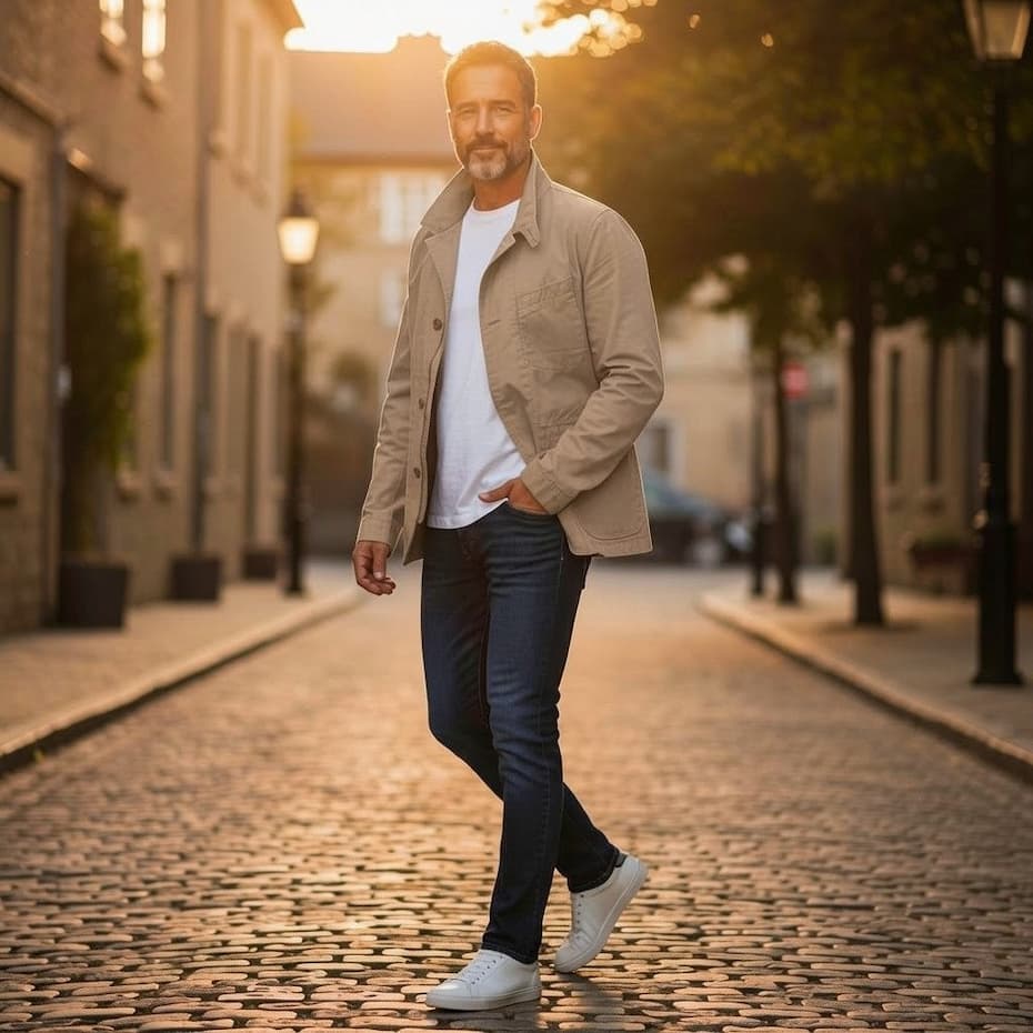 A casually dressed man walks down a cobblestone street in warm evening light. He wears a light khaki jacket over a white T-shirt, dark denim jeans, and clean white sneakers, creating an effortless, polished look. Soft golden sunlight and the blurred streetscape behind him add a relaxed, timeless feel that highlights classic everyday style.