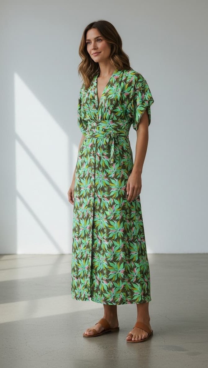 A woman wears a flowing, mid-length dress in a lively green botanical print with hints of blue and soft pink. The silhouette features a relaxed wrap-style bodice, flutter sleeves, and a cinched waist that creates an easy, flattering shape. Paired with simple leather sandals, the look feels fresh, effortless, and warm-weather ready.