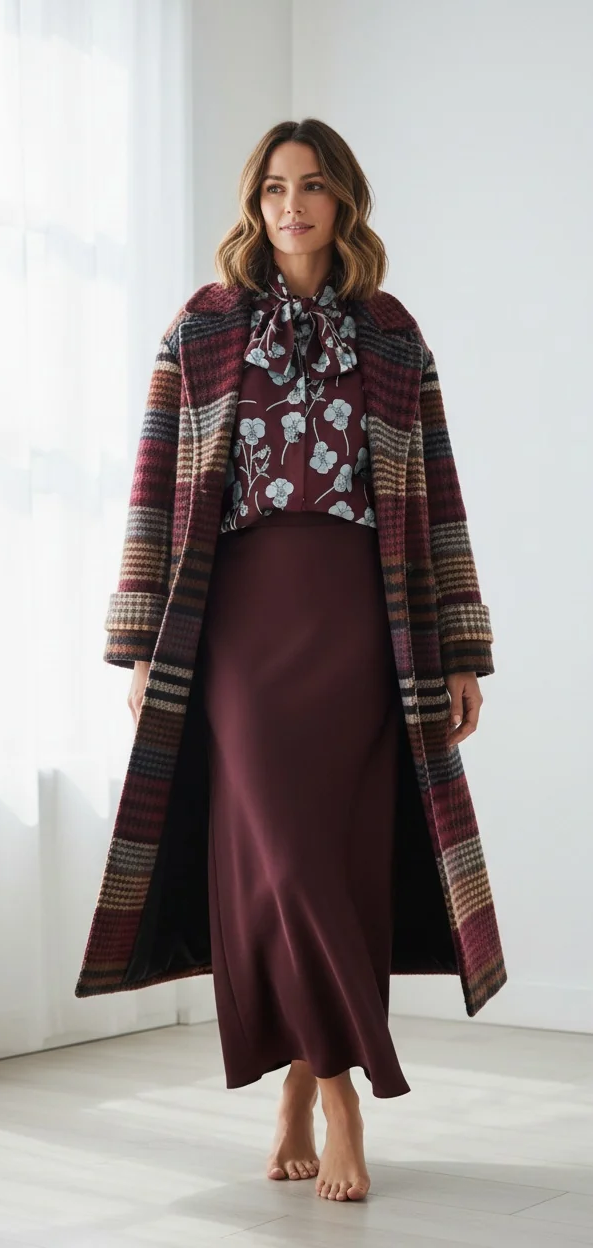 Woman wearing a burgundy floral tie-neck blouse, satin midi skirt, and long striped coat. Fearrington Village.