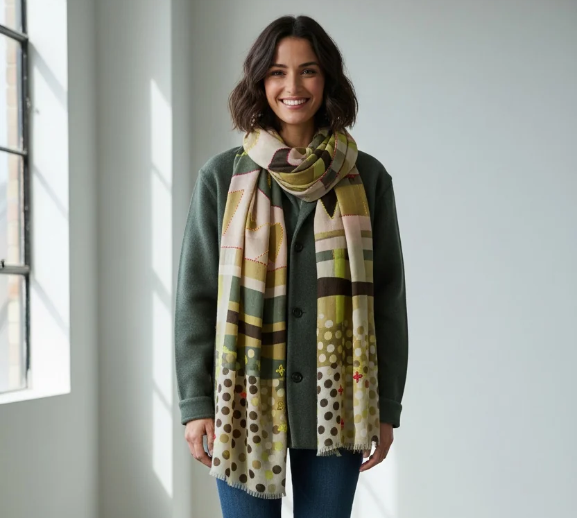Woman wearing a sage green jacket, patterned scarf, slim jeans and brown loafers. Fearrington Village.