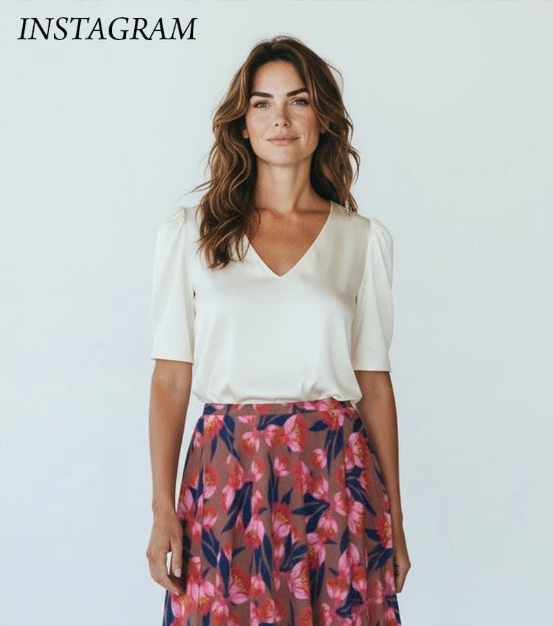 A woman wears a clean, ivory V-neck blouse paired with a flowing skirt in a rich rose tone with bold pink and navy floral prints. The look balances simplicity and statement, letting the skirt’s vibrant pattern take focus while keeping the overall feel polished and easy.