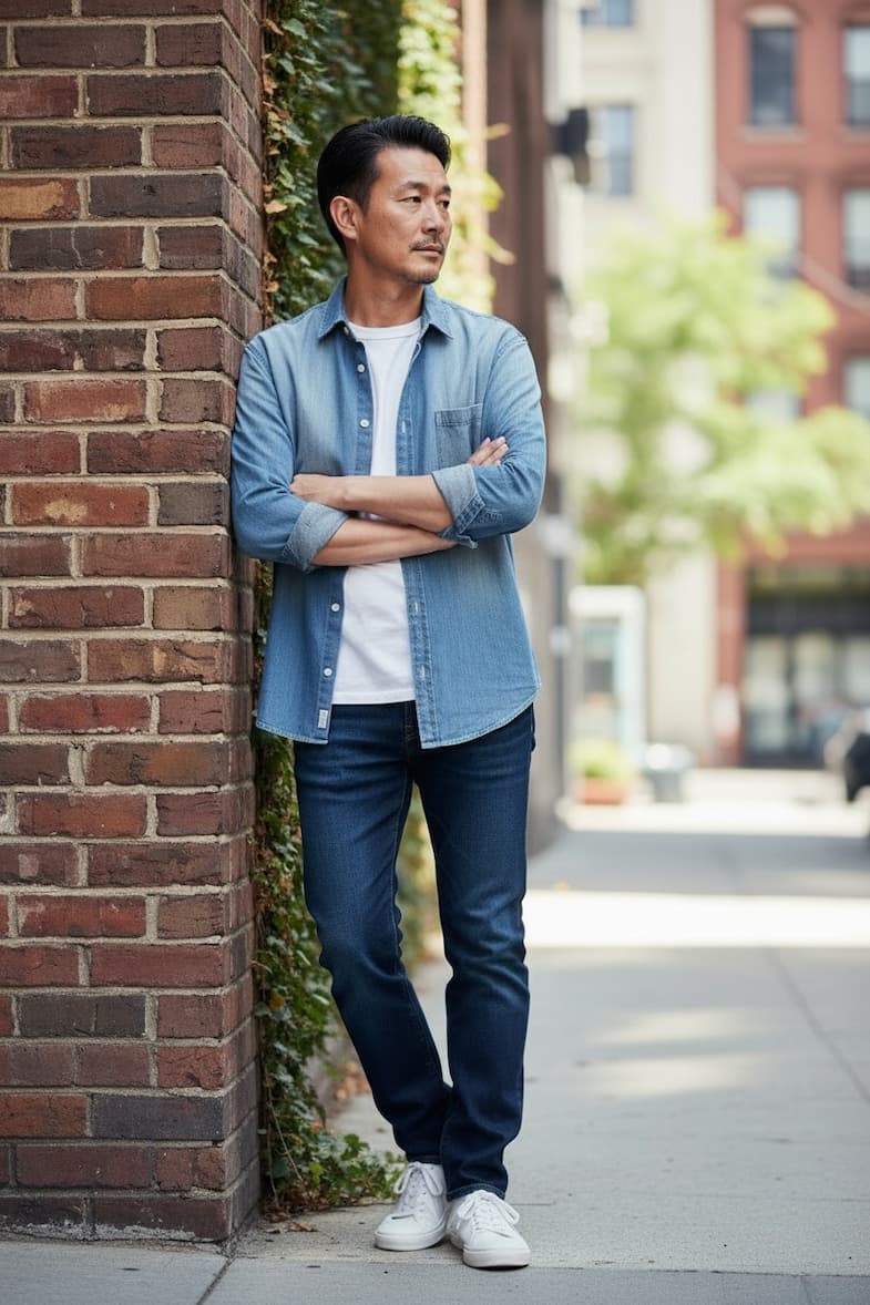 Man leaning against a brick wall on a quiet city sidewalk, wearing a light denim button-down over a white T-shirt, dark jeans, and white sneakers. Arms crossed and looking off to the side, with greenery climbing the wall and a softly blurred street behind him.