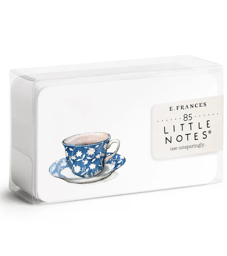 Clear plastic box of E. Frances 85 Little Notes featuring a blue floral teacup illustration on the front.