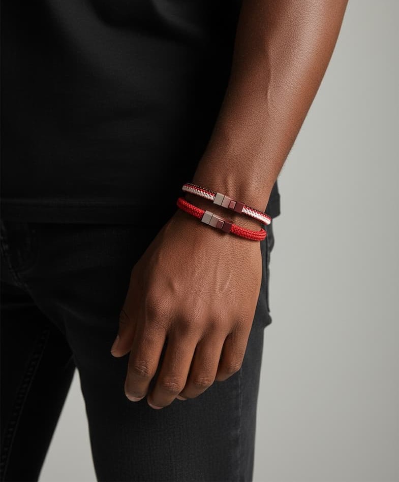 Close-up of a person’s wrist wearing two braided bracelets—one red and one red-and-white—with sleek metal clasps, styled against a black outfit.