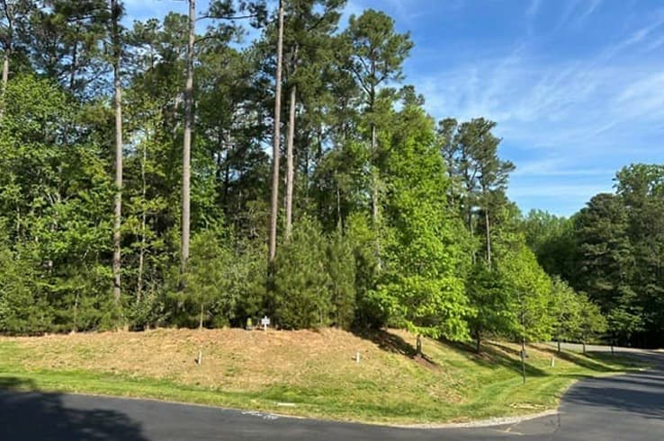 A wooded homesite surrounded by towering pine trees and native greenery, offering a peaceful natural setting along a quiet neighborhood street. Fearrington Village.