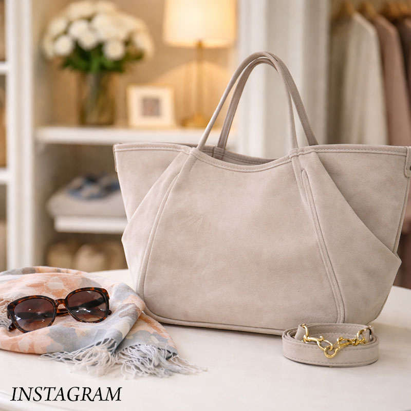 Neutral suede handbag with a structured yet soft silhouette sits on a table beside tortoiseshell sunglasses and a lightweight patterned scarf, set within a softly lit, elegant closet space with shelves, folded garments, and a warm table lamp in the background.
