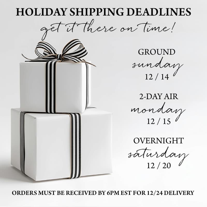 A graphic listing holiday shipping deadlines features two white gift boxes with black-and-white ribbon beside text detailing cutoff dates for ground, 2-day air, and overnight delivery.