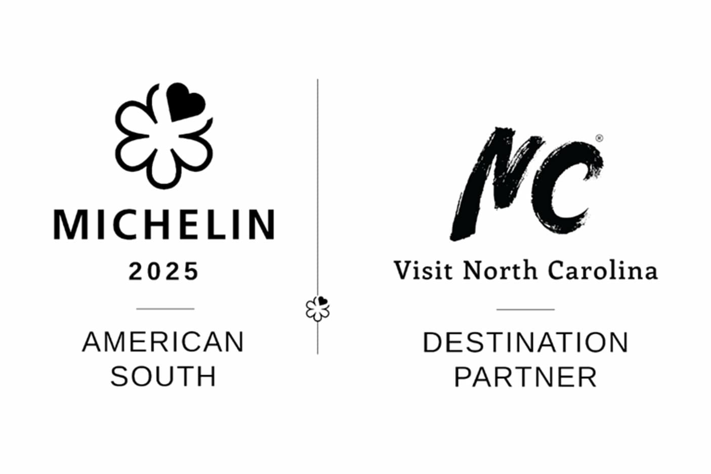 Michelin 2025 American South logo on the left, and NC Visit North Carolina Destination Partner logo on the right, separated by a thin vertical line and a small Michelin star symbol in the center. Fearrington Village
