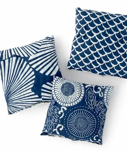 Set of 3 blue batik square sleep sachets. Fearrington Village.