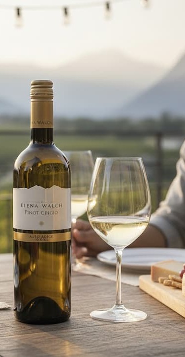 Bottle of Elena Walch Pinot Grigio on an outdoor table beside a filled wine glass, with a charcuterie board partially visible and a softly blurred mountain landscape in the background.