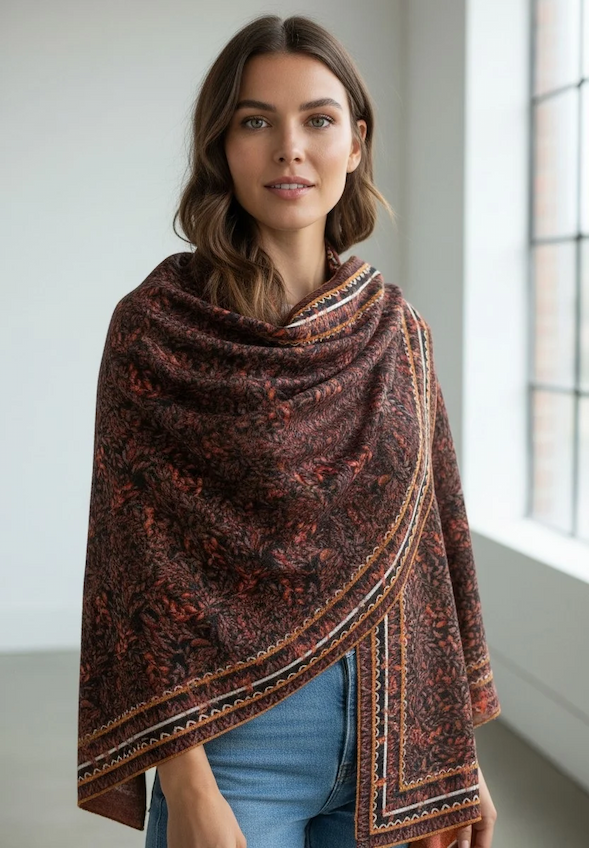 Woman wearing a richly patterned burgundy and brown wrap with decorative striped borders over blue jeans. Fearrington Village.