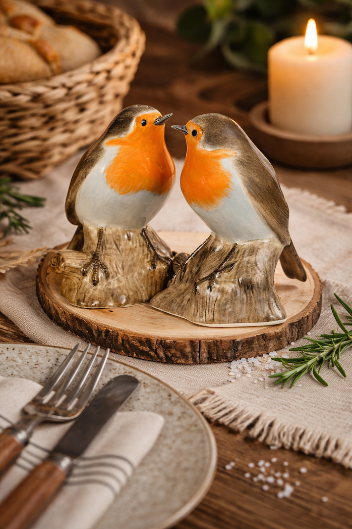 Rustic table setting with ceramic robin salt and pepper shakers perched on small tree stump bases, surrounded by a woven bread basket, candle, plate, napkin, and vintage silverware in warm, natural light.