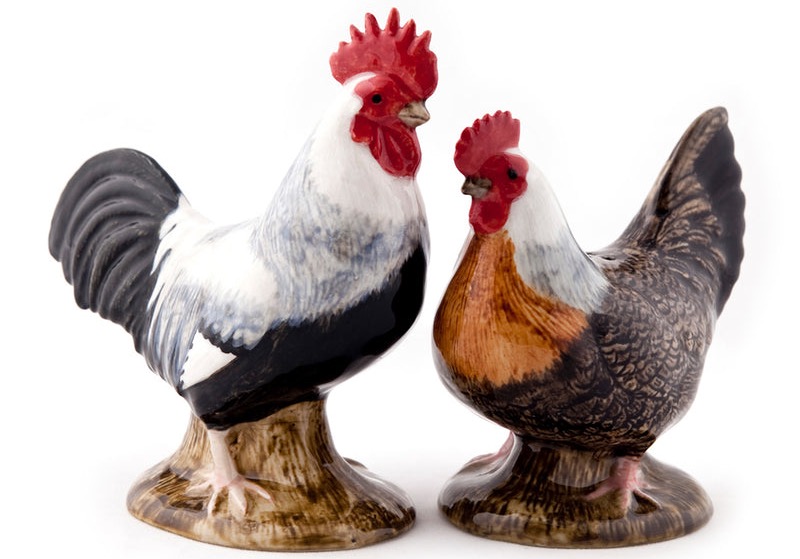 Ceramic rooster and hen figurines with hand-painted feather details. Fearrington Village.