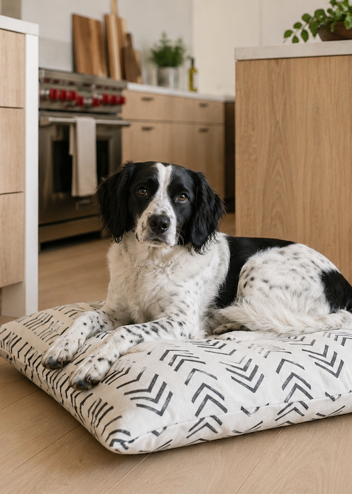 A black-and-white dog rests comfortably on a patterned cushion in a modern kitchen with light wood cabinetry, soft natural light, and clean, minimalist styling.