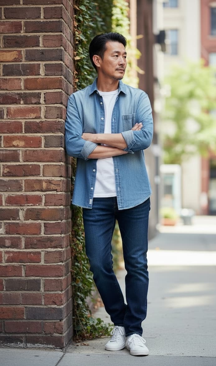 Man in a denim shirt and jeans leans against a brick wall on a city sidewalk, arms crossed, looking off to the side with a relaxed, thoughtful expression.
