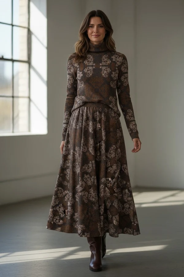 Woman wearing a brown floral turtleneck sweater with a matching full-length skirt and brown boots. Fearrington Village.