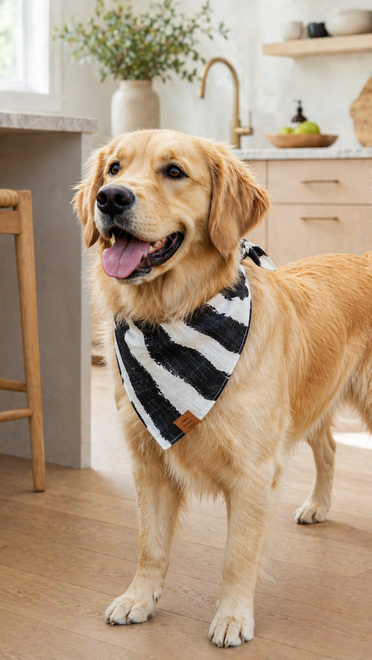 Golden retriever stands on a light wood floor in a bright, modern Scandinavian-style kitchen, wearing a black-and-white patterned bandana. The space features soft natural light, pale cabinetry, and minimal décor, creating a clean, warm, and stylish setting.