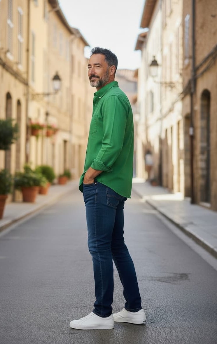 Man standing in profile on a quiet, sunlit street lined with warm-toned buildings and potted plants. He wears a green button-down shirt, dark jeans, and white sneakers, with hands in pockets and a relaxed, confident stance.