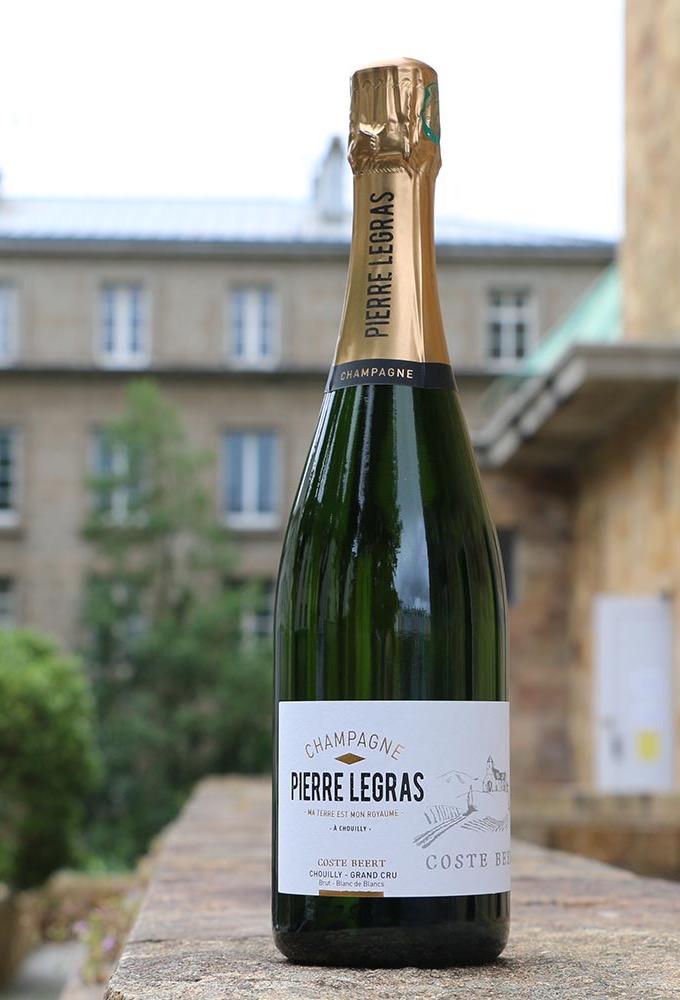Bottle of Pierre Legras Champagne standing on a stone ledge with a blurred building in the background.