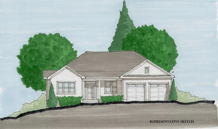Architectural rendering of a single-story cottage-style home with a covered front entry and attached two-car garage. The hand-drawn concept sketch shows a light-colored exterior, gabled rooflines, and neatly trimmed foundation plantings framed by mature trees. A central front porch with columns creates a welcoming entrance, while the balanced design and landscaped setting convey traditional charm and everyday livability.